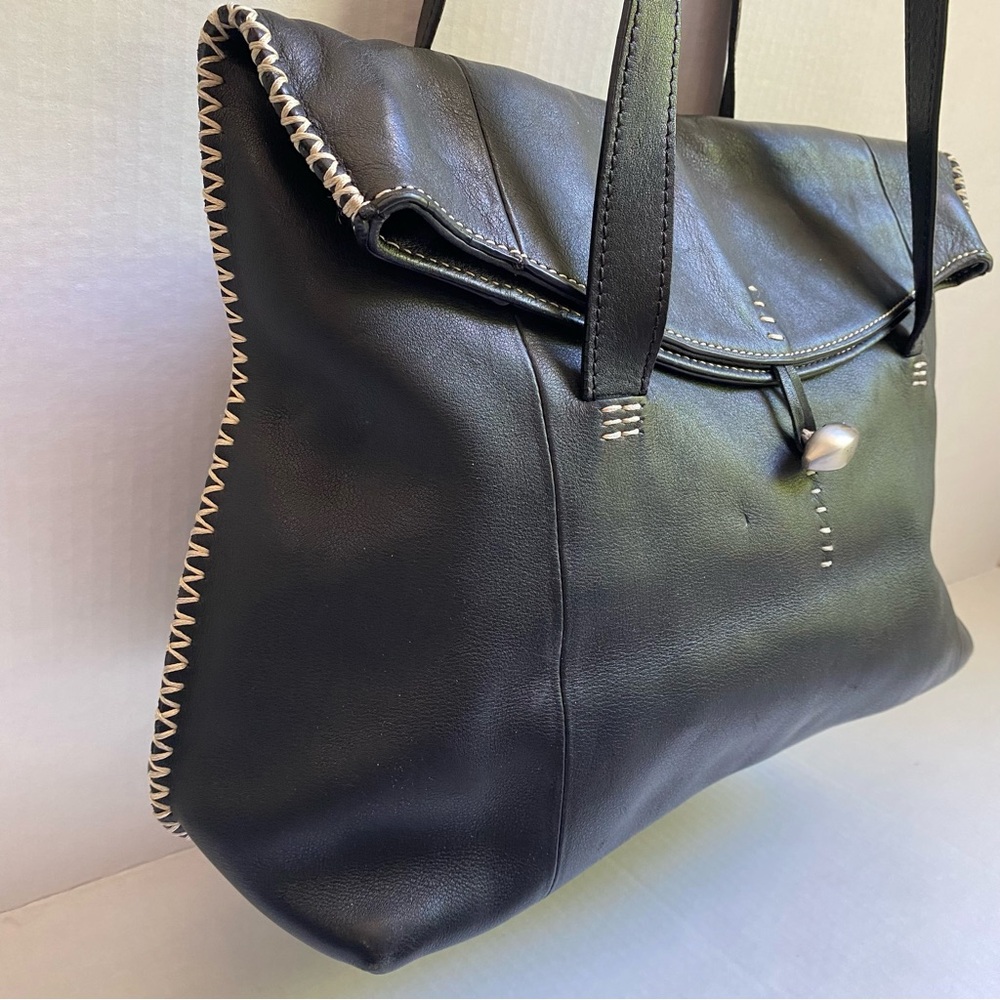 Bob Timberlake / Ellington Black Leather Bag Whipstitch Detailing Metal Horn